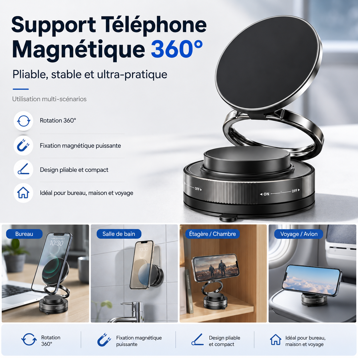 Support Téléphone Pliable Magnétique 3 Axes Rotation 360° Design Compact et Stable