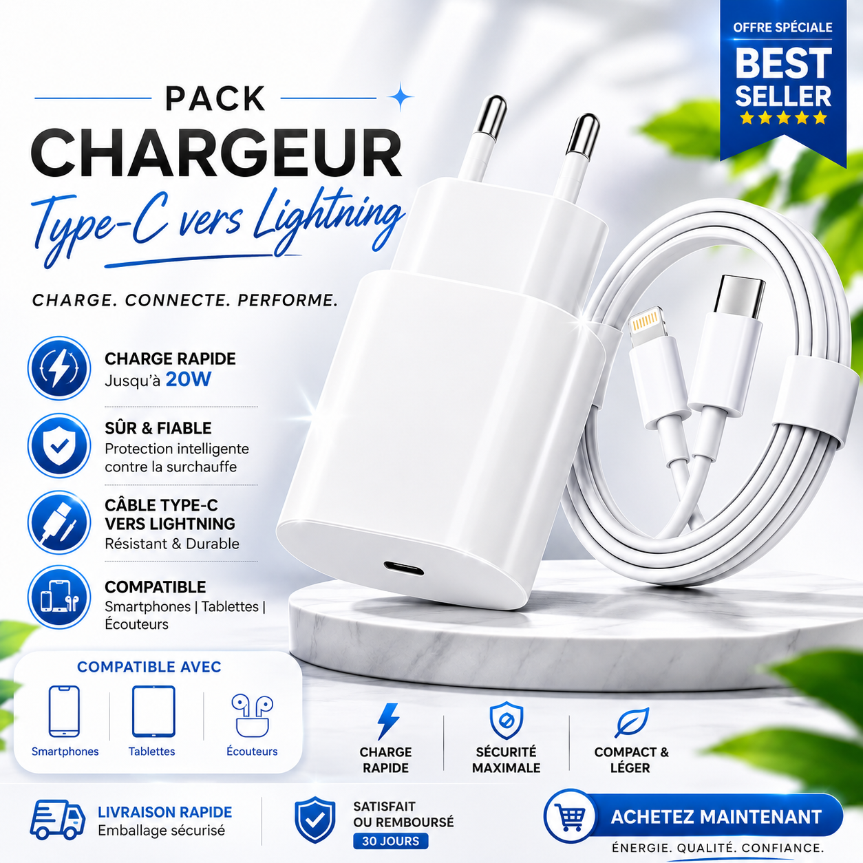 Pack Chargeur USB-C 20W + Câble Type-C | Charge Rapide