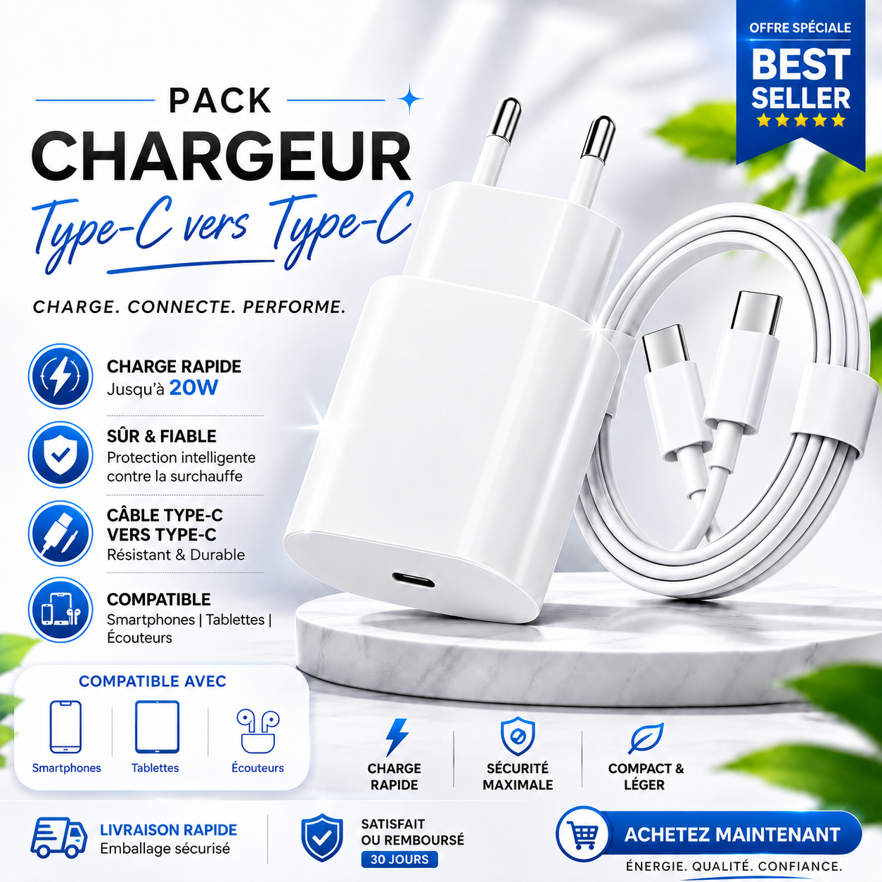 Pack Chargeur USB-C 20W + Câble Type-C | Charge Rapide