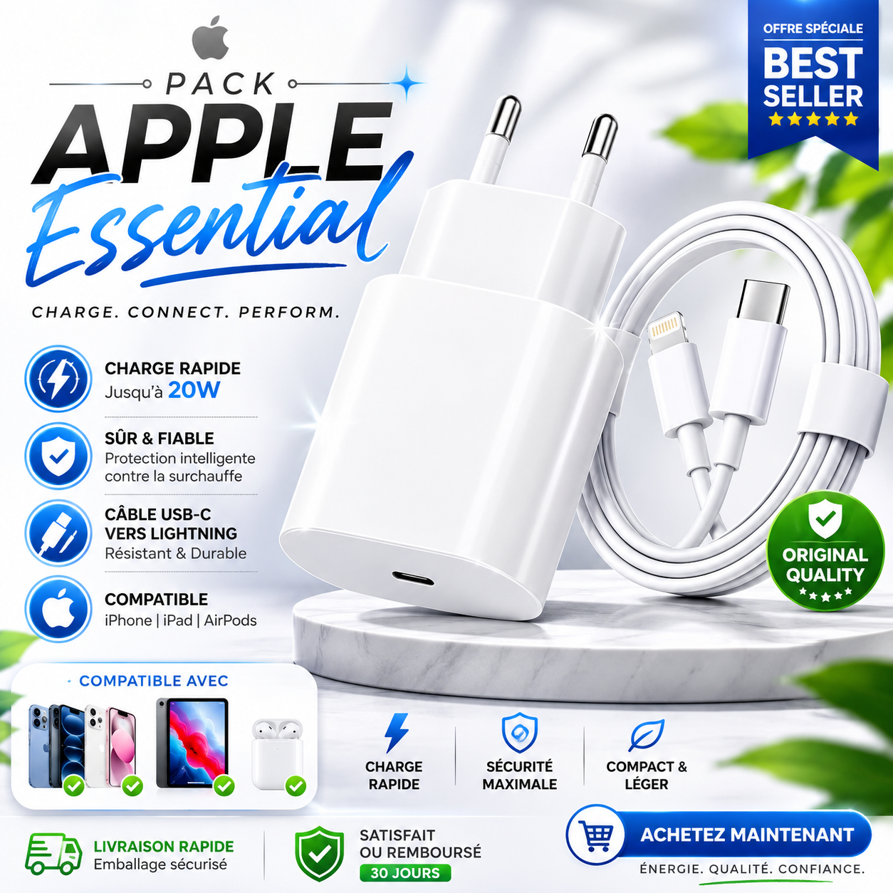 Pack Chargeur USB-C 20W + Câble Type-C / iPhone