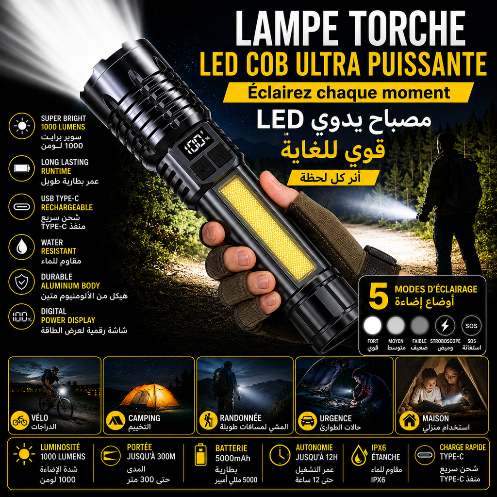 Geant Lampe Torche LED COB Liser Ultra Puissante