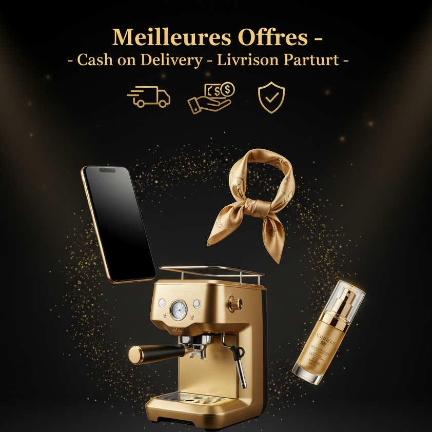 Gold espresso machine with a phone, bandana, and bottle on a black background with promotional text.