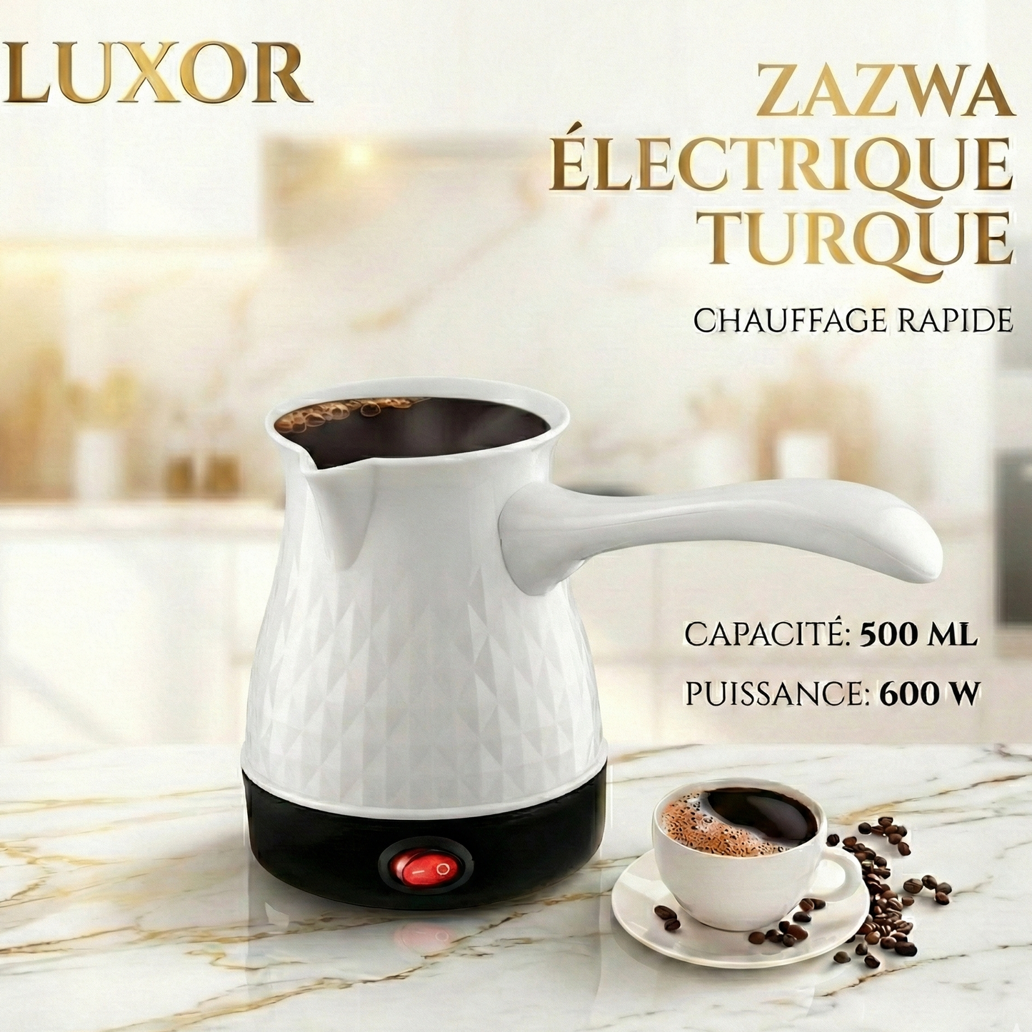 White electric Turkish coffee pot with a cup of coffee on a marble surface, branded 'Luxor'.