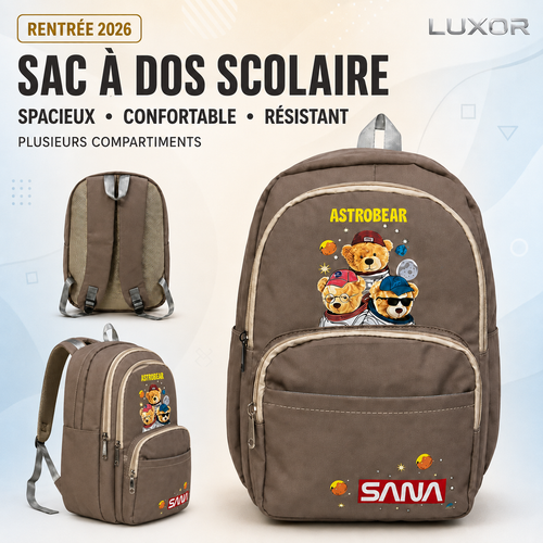 Sac à Dos Scolaire AstroBear Taupe - Vue avant et dos